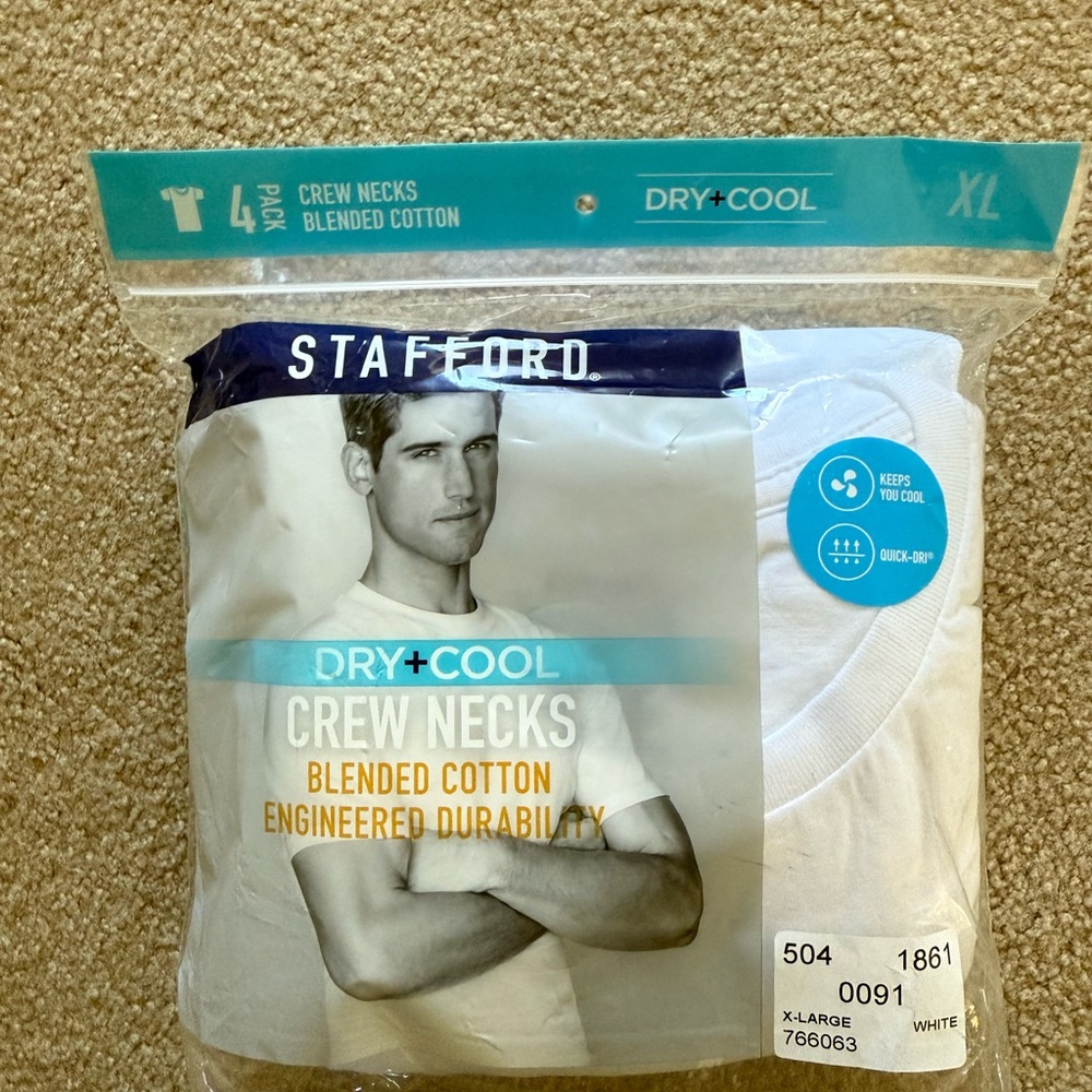 Stafford Dry + Cool White Crew Necks pack of 4 size XL